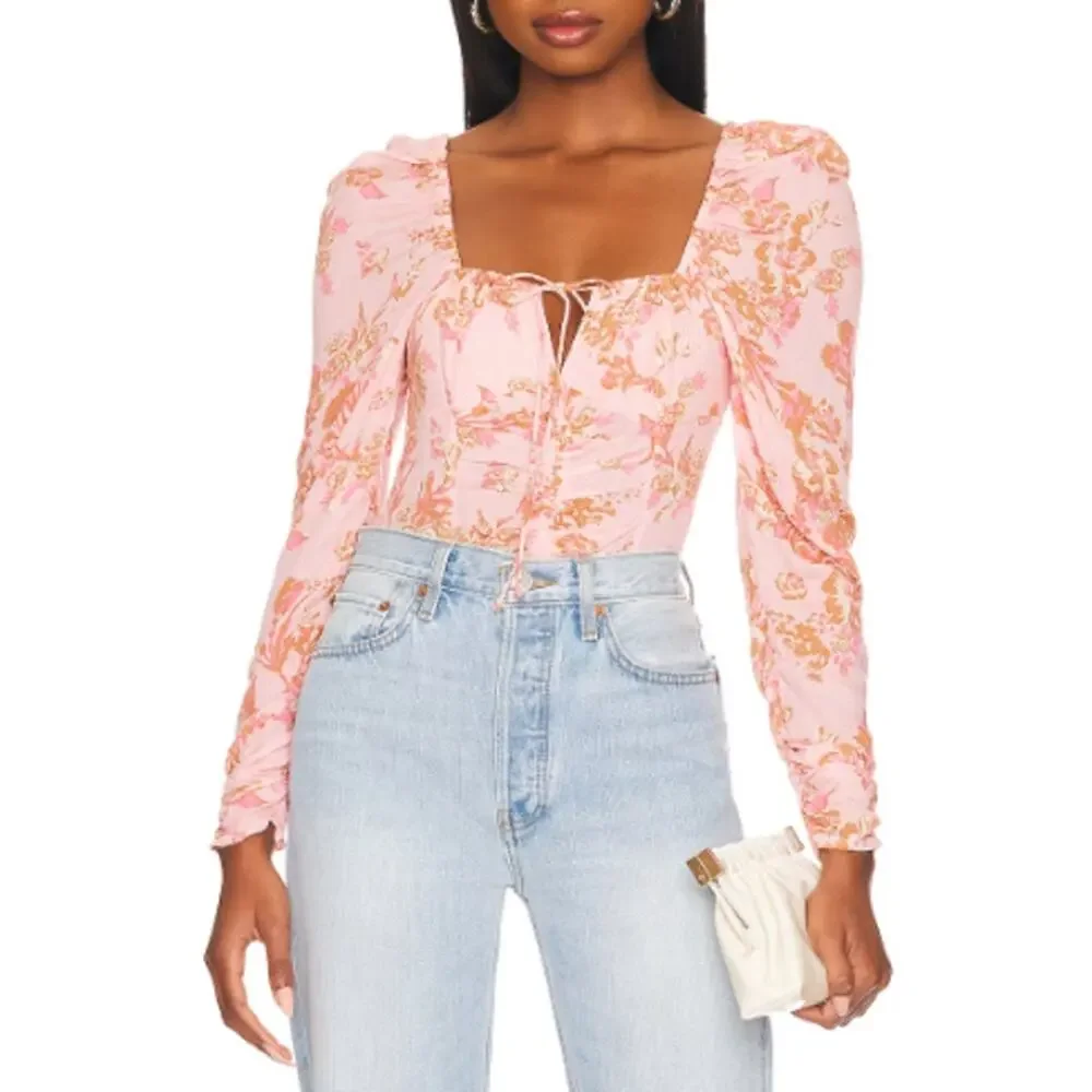 NWT Free‎ People Hilary Printed Top in Pink Combo